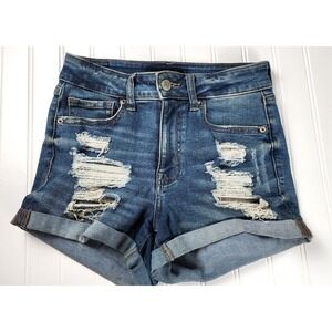 Aeropostale Denim Shorts Womens Size 2 Blue High Rise Midi Distressed Ripped